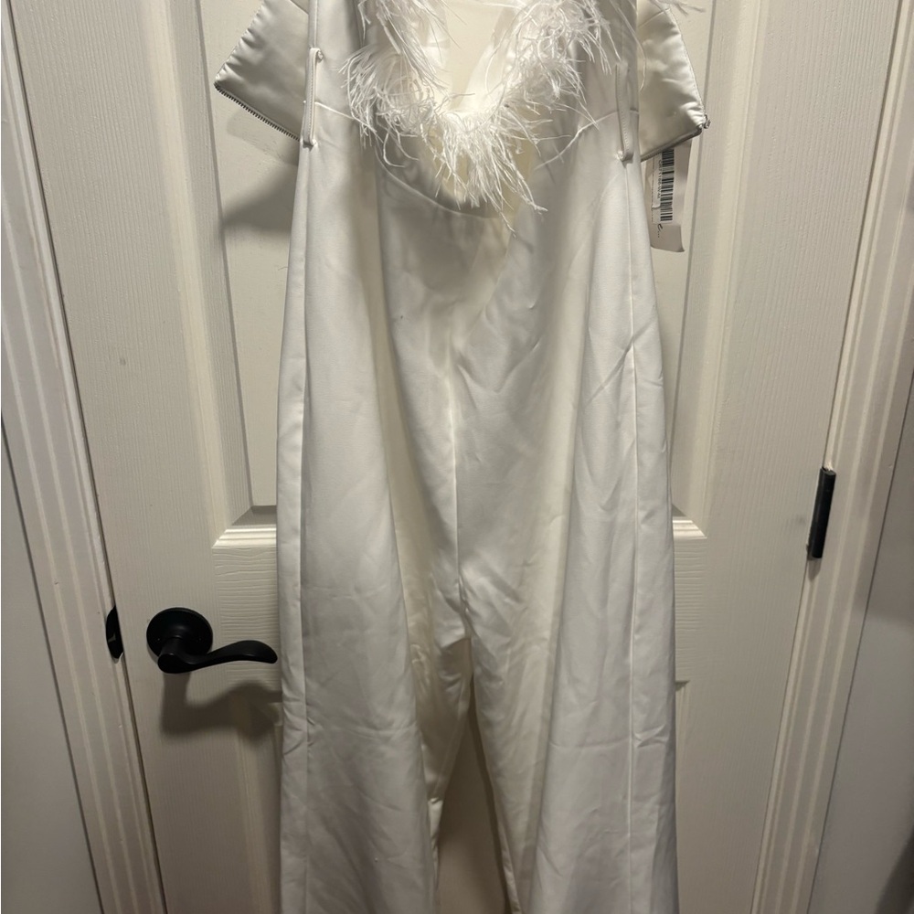 12th Tribe White Jump Suit with Feather Neckline